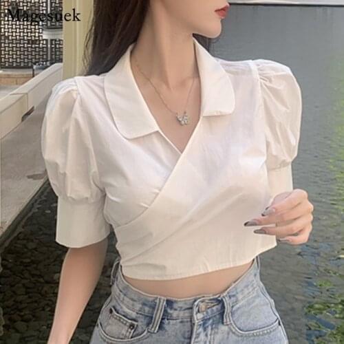 Chic Puff Sleeve Tops Women French Retro Turn-down Collar Cotton White Shirt Korean Short Style Bandage Sexy Woman Blouses 15748