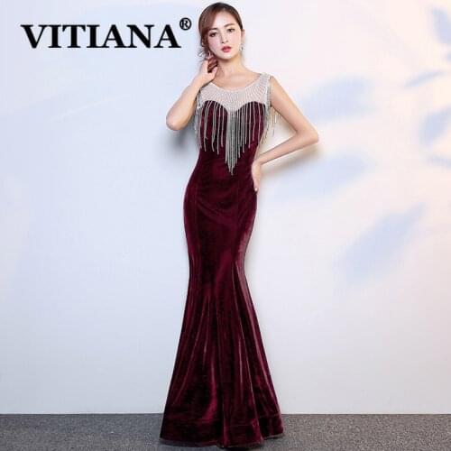 VITIANA Women Velvet Sexy Party Dress Female Sleeveless Tassels Mesh Elegant Trumpet Noble Banquet Dresses Femme Long Vestidos