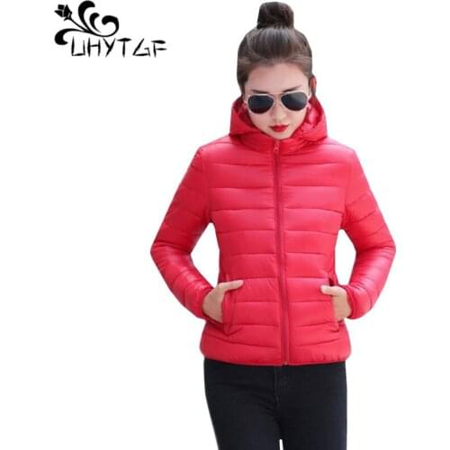 UHYTGF Casual 4XL plus size down cotton jacket women thin light Hooded student winter down jacket Slim short top outerwear 749