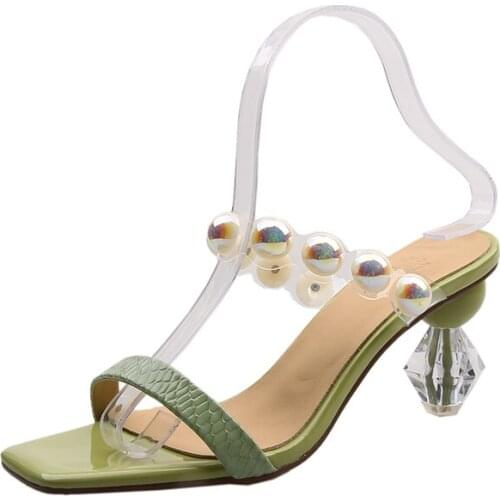 High Heels Women 2021 New Green Summer Slippers Woman Fashion Square Toe Crystal Heel House Shoes Womens Home Indoor Slides