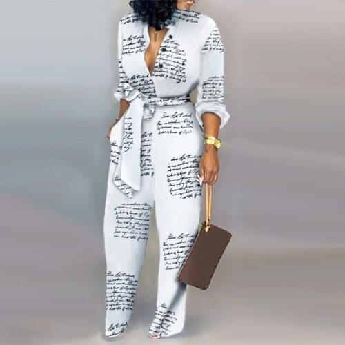 Autumn Sexy V-Neck Women New Jumpsuit Fashion Alphabet Leopard Camouflage Print Rompers Casual Long Slevee Loose Wide Leg Pants