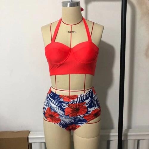 AA Womens Flower Pattern Bikini Suits Backless Halter Top and Tight High Waist Thong Split Swimsuit Women Swimming Costume
