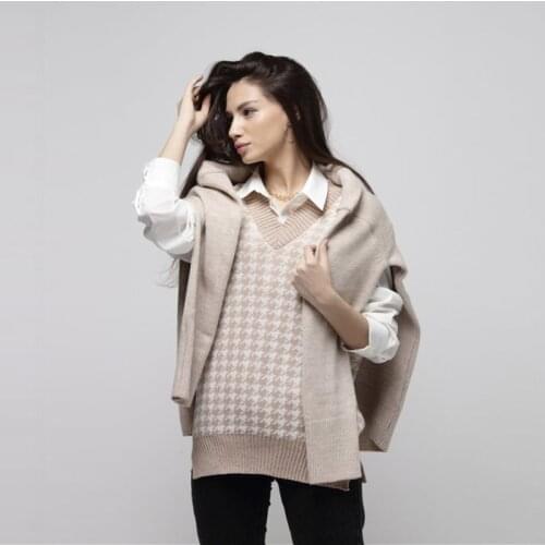 Autumn New Style Women Houndstooth V-neck Sleeveless Pullover Knitted Vest Sweater Loose All-matched Casual Oversized