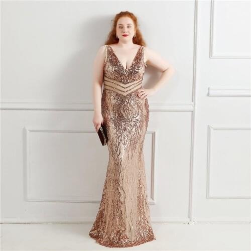 Plus Size Elegant V Neck Women See Through Beads Long Party Dreess New 2021 Sequins Evening Dress Long Prom Dress