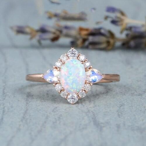 QTT Retro Moonstone Opal Genstone Ring Noble Rose Gold Color Ring Dazzling CZ Cocktail Ring For Women Jewelry Engagement Party