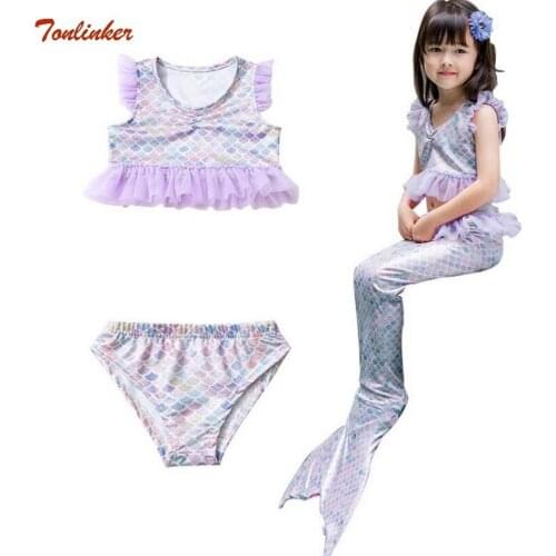 3pc Children Mermaid Tail Costumes Kids Swimming Mermaid Tail Swimwear Bikini Swimsuit Flipper For girls Ruffle Sleeve 2019 New