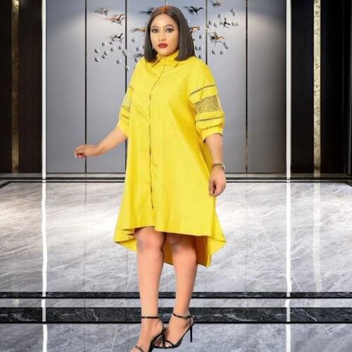 Mama Loose Style Dresses For Women Turn-down Collar Half Sleeve Africa Shirt Dress Solid Color Hollow Out Patchwork Clothes