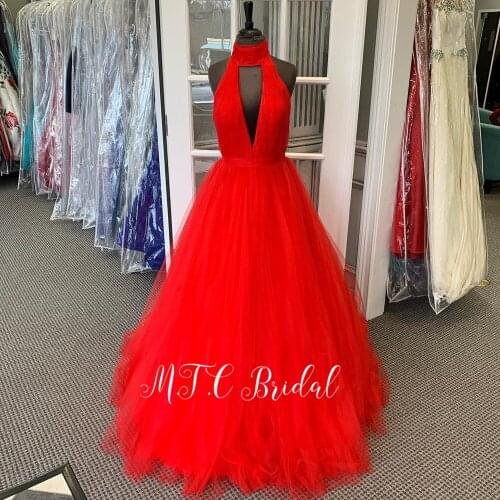 Hot Selling Red Evening Dress Backless A Line Pleat Tulle Women Party Dresses 2019 Cheap Long Prom Gowns Robe De Soiree