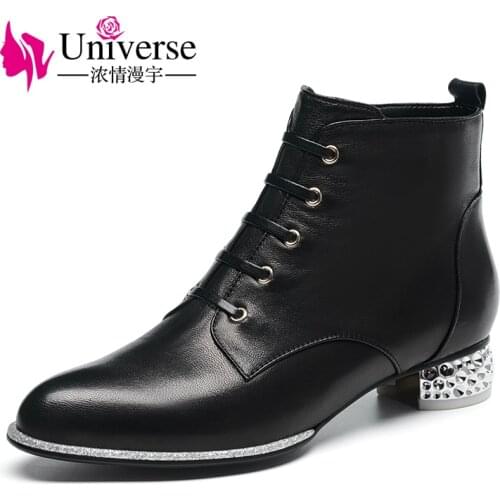 Universe sheepskin winter boots women low heel with crystal decoration shoes lace up fashion style ladies boots G220