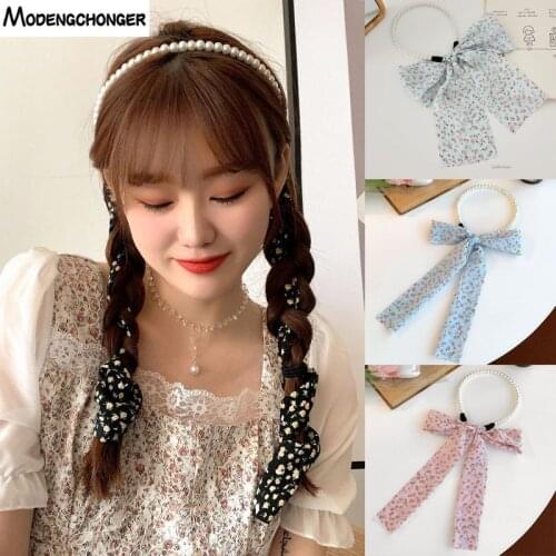 1PC Korean Lace Floral Pearl Bowtie Hairband for Women Girls Long Ribbon Streamer Headband Super Fairy Fashion Hair Accessories