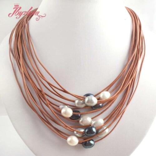 10-12mm Natural Oval Freshwater Pearl Stone Beads Handwork 15 Row Leather For Women Fashion Necklace Jewelry Magnet Clasp16"-22"