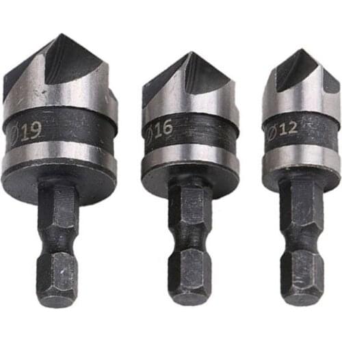 3Pcs/set 90 Degree 1/4 Hex Drill Rod 5 Flute 12mm 16mm 19mm Wood Debur Counter