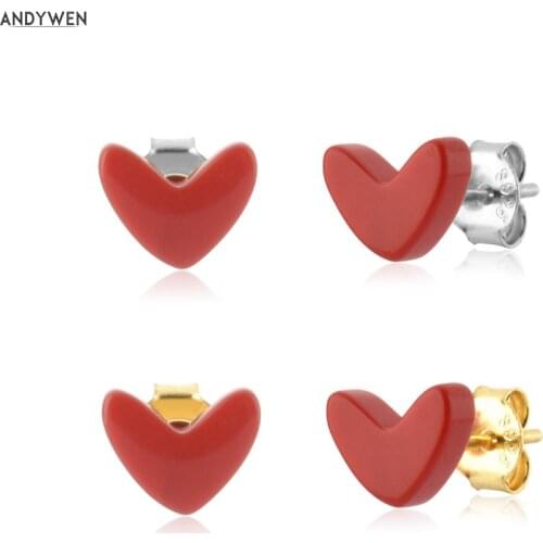 ANDYWEN 925 Sterling Silver Gold Red Heart Love Stud Earring Piercing Enamel Red Japan Pendiente Luxury Jewelry Clips Wedding