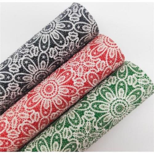 White Lace Chunky Glitter Vinyl Fabric Sheet Felt Backing Synthetic Leather Faux Vinil For Bows Bags Earrings DIY A4 SIZE R288A