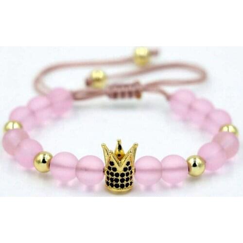 BPPCCR Matte Warm Pink Imperial Crown Women female Braiding Macrame Chakra energy Bracelets Micro Pave CZ Beads Pulseiras