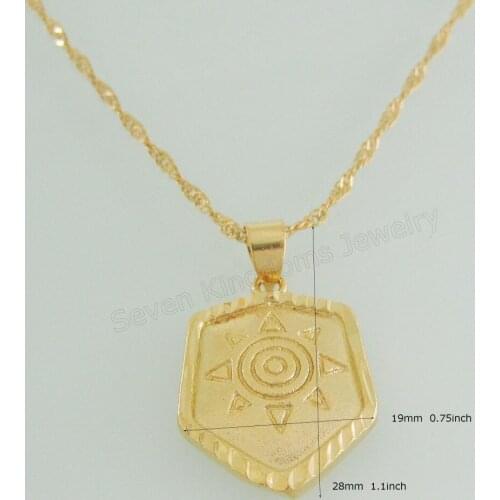 Foromance- YELLOW GOLD GP 18" WATER WAVE CHAIN NECKLACE & CARVED SUN SHAPE PATTERN ON SHIELD SHAPE PENDANT