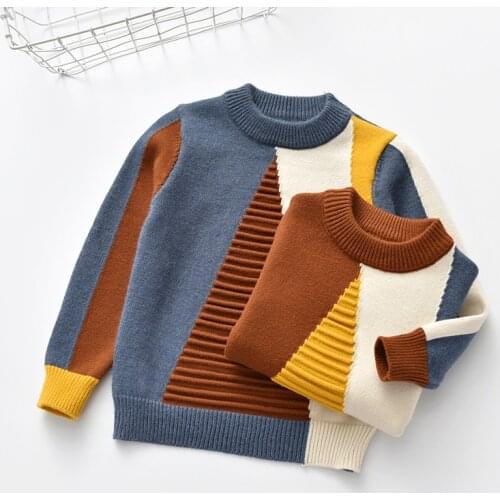 Baby Kids Tshirt Sweater Baby Girl Geometric Triangle Rectangle Match Style Little Boy Outfit O-Neck Knitted Clothes for 2T-8T