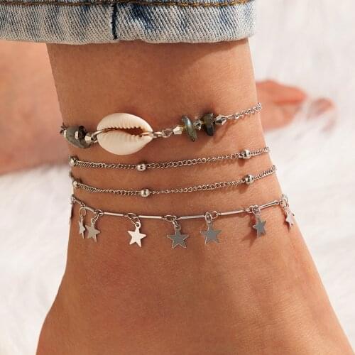 Docona Bohemia Shell Broken Stones Anklets for Women Fashion Star Rhinestone Alloy Foot Chains Ladies Beach Party Jewelry 6968