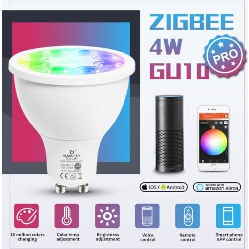GLEDOPTO Zigbee 3.0 RGB+CCT 4W GU10 Smart Led Spotlight Pro RF Remote Work with Alexa Echo Plus SmartThings home