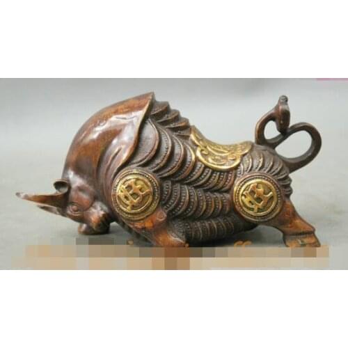S00934 7" Chinese FengShui Bronze Gilt Wealth Wang Year Zodiac Bull Ox Statue Sculpture