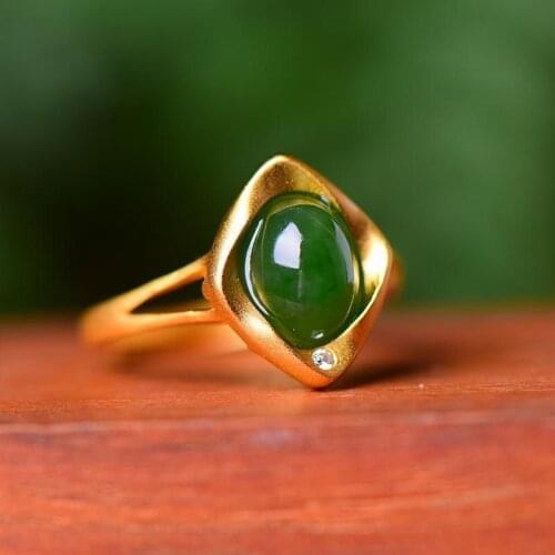 S925 Sterling Silver Oval Ring Natural Hetian Jade Green Jade Ring Personality Simple Oval Ornament for Women