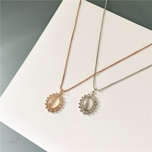 Korean Fashion Exquisite Solid Color Metal Chain Opal Rhinestone Inlaid Pendent Necklace for Women Men Girls Collar Jewelry Gift
