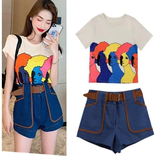 Belted beauty summer shorts suit colorful cartoon print T-shirt tops thin denim Harlan shorts suit NS976
