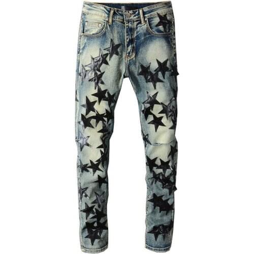 ERENEJIAN Mens Fashion Hi Street Ripped Jeans Pants With Leather Star Patchwork Slim Fit Distressed Denim Trousers Washed Blue