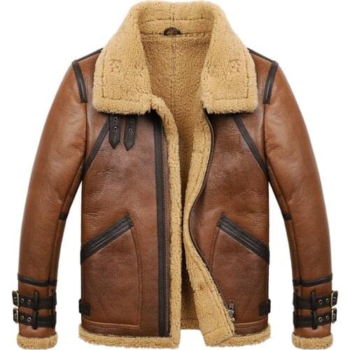 Mens Sheepskin Shearling Coat B3 B6 Mens Sheepskin Bomber Jacket Fur Coat Brown Color