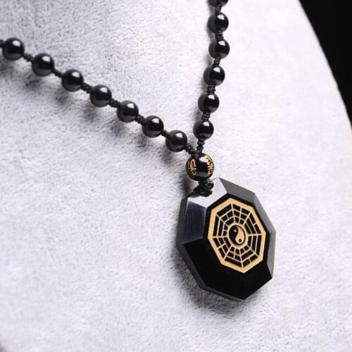 Natural Black Obsidian Carved Chinese Faced BaGua Lucky Amulet Pendant + Free Necklace Fashion Crystal Fashion Jewelry