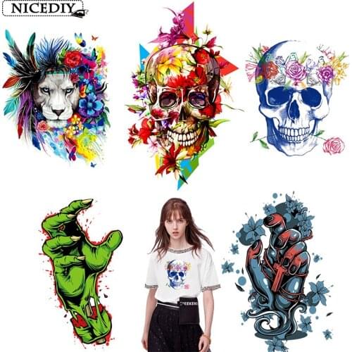 Nicediy Hippie Skull Heat Transfers Patch For Clothing Horror Movie Jacket Motorcycle Rock Style Zombie Sticker For T-shirts DIY