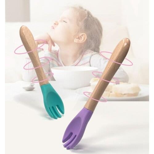Wholesale Baby Silicone Fork Eco-friendly Baby Fork Easy To Clean Baby Spoon With Wooden Handle Baby Gift For Kids
