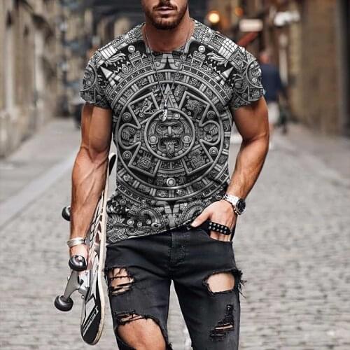 Casual Streetwear Fashion T-shirt Mens Short-sleeved Loose T-shirt Aztec Mexico Tattoo 3D Printing Slim Round Neck Tshirt Men