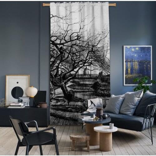 Cipcici Vincent Van Gogh - Garden Pencil Drawing BlackOut Curtains for Living Room Decorative Modern Grey Spring Luxury Home