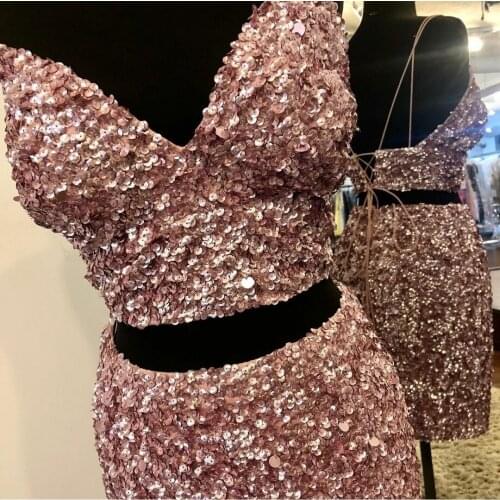 Sexy Short Sequined Pink V-Neck Evening Dresses Bodycon Spaghetti Criss Cross Back Abendkleid Formal Party Gown for Women