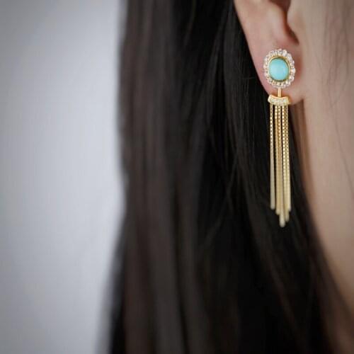 S925 silver inlaid with selected natural ore turquoise simple goddess wild earrings outer ring white zircon embellished earrings