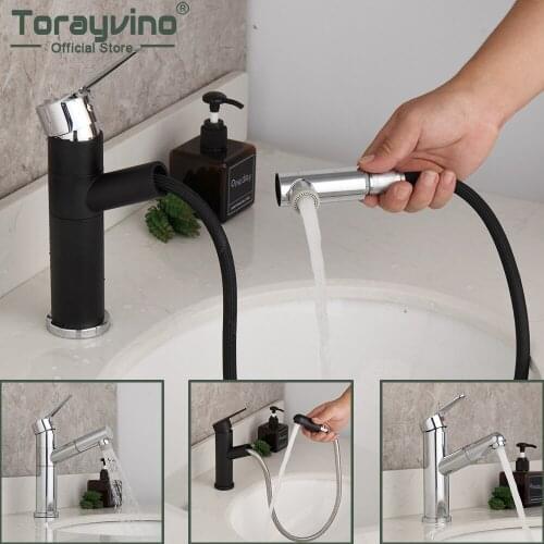 Torayvino Bathroom Kitchen Basin Faucet Single Handle Pull Out Spray Sink Hot & Cold Mixer Water Tap Crane Deck Mounted Faucets