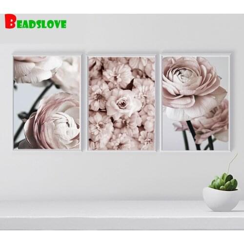 Triptych diamond embroidery Bloom Peony Nordic panel set of 3 Wall Art diamond mosaic Painting with diamonds flower wall decor