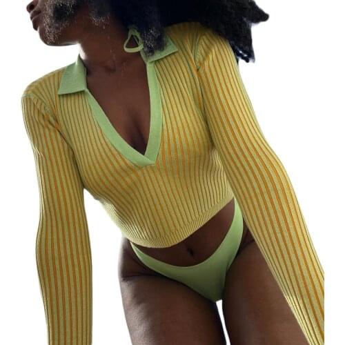 Women’s Casual Long Sleeve Knitted T-shirt Fashion Contrast Color Slim Fit Exposed Navel Tops