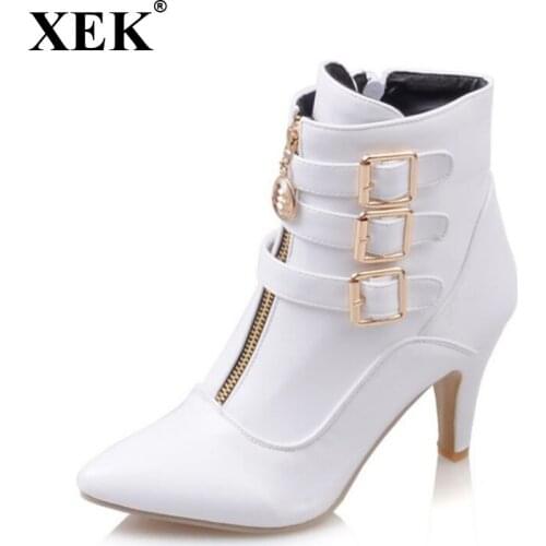 XEK Shoes Women Boots Spring High Heels Ankle Boots Pointed Toe Buckle shoes Boots Zip Ladies Shoes White Big Size45 ZLL342