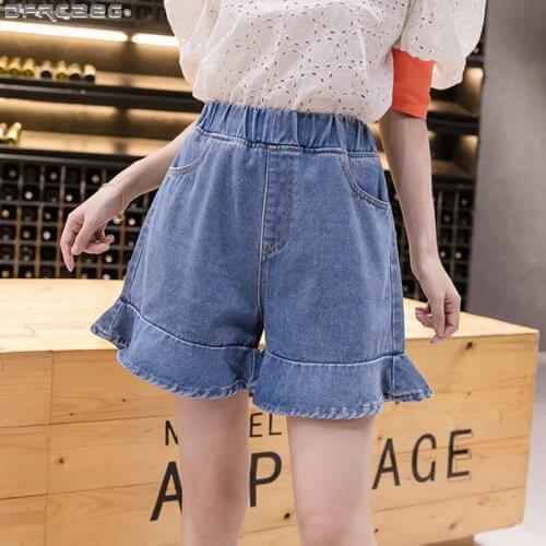 New Summer Women Denim Shorts Casual Stretch Elastic Waist Short Feminino Loose Big Size Jeans Shorts Ruffles Wide Leg Shorts