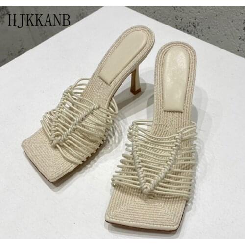 Square Open Toe High Heel Slippers Women Real Leather Narrow Band Runway Flipflops Comfortable Woven Insole Party Dress Shoes