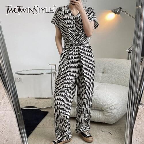 TWOTWINSTYLE Print Colorblock Jumpsuits For Female V Neck Short Sleeve High Waist Loose Straight Leg Womens Casual Jumpsuits