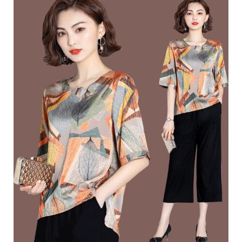 2021 Summer Women Fashion Faux Silk Printing Set O-neck Short Sleeve Tops + Wide Leg Pants Suit Two Piece Sets XL-5XL Y141