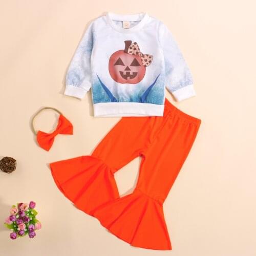 1-5Y Halloween Clothes Sets 3pcs Toddler Girl Pumpkin Print O-Neck Long Sleeve Pullover Tops Orange Flared Trousers Hairband