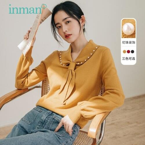 INMAN Womens Sweater Sweet Kawaii Neckline Decoration Pearl Design Puff Cuffs Loose Casual Pure Color Pullover Knitted Top