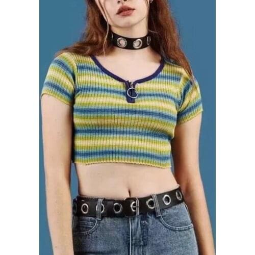 Women Zip Detail Multi Colour Stripe Rib Knit Top Short Sleeved Crop Knit T-shirt A804