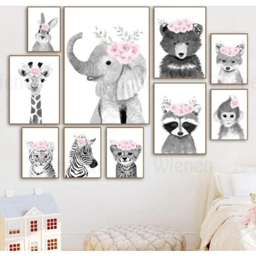 Giraffe Tiger Zebra Rabbit Pink Flower Wall Art Canvas Painting Animal Posters And Prints Wall Pictures Baby Room Nursery Decor