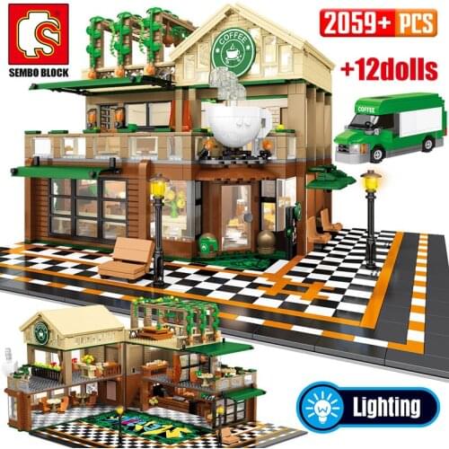 SEMBO 2059Pcs Street View Coffee Shop Model Building Blocks City Architecture House MOC Assemble Bricks Figures Toys Children