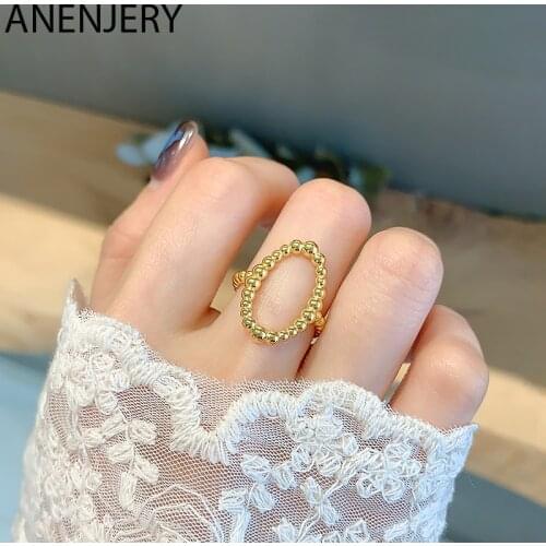 ANENJERY 925 Sterling Silver Stack Round Beads Index Finger Rings for Women Gold Color Geometric Minimalist Ring S-R898